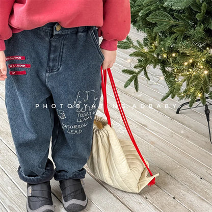 Boys Casual Pants Plus Velvet Thick Letter Embroidery Jeans