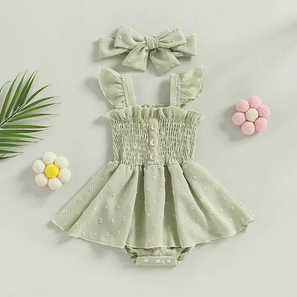 Baby Girls Romper Solid Color Flying Sleeve Ruched Button Playsuit with Headband