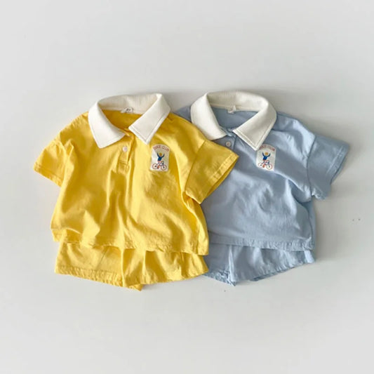 Boy Simple Turn-down Collar T-shirt With Solid Loose Thin Cotton Shorts 2pc Suit