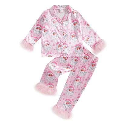 Baby Girl 2Pcs Christmas Pajamas Set Long Sleeve Feather Trim Shirt + Pants