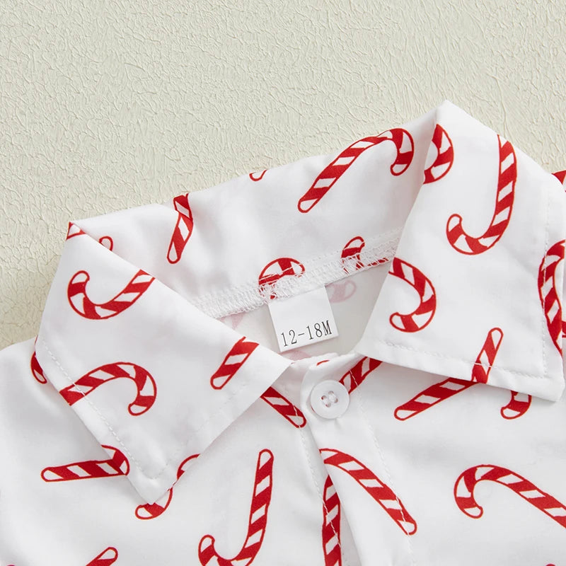 Toddler Boys Christmas Candy Cane Print Shirt with solid color shorts