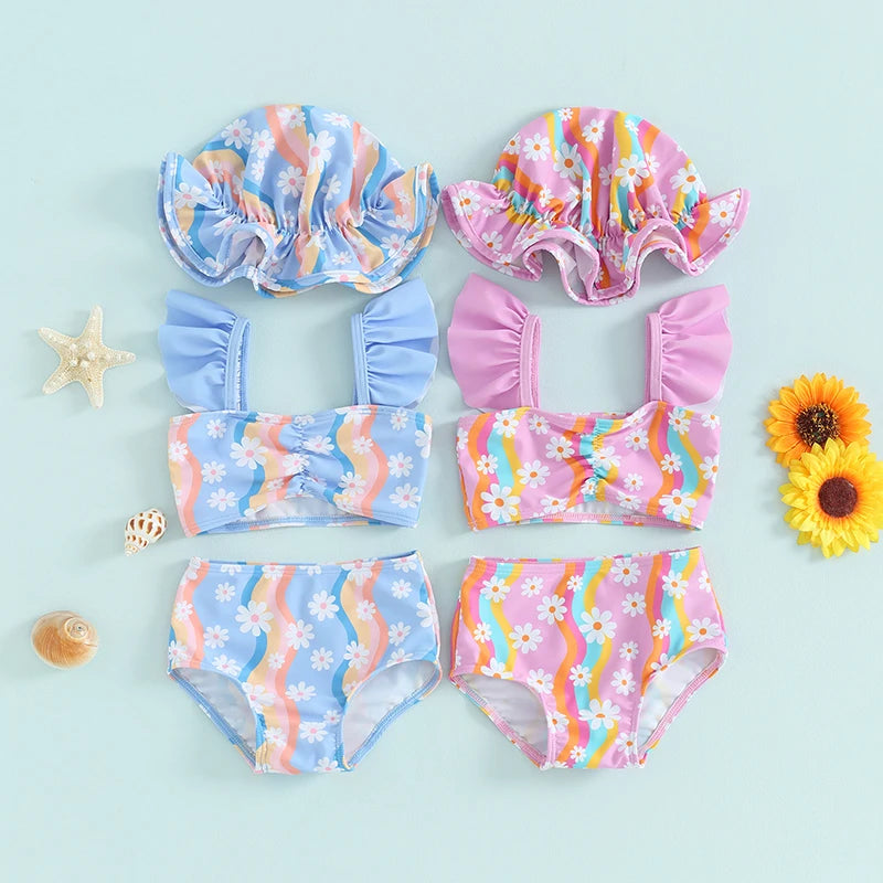 Toddler Girls 3Pcs Swimsuits Rainbow Floral Print Ruffle Bikini Sets with Hat