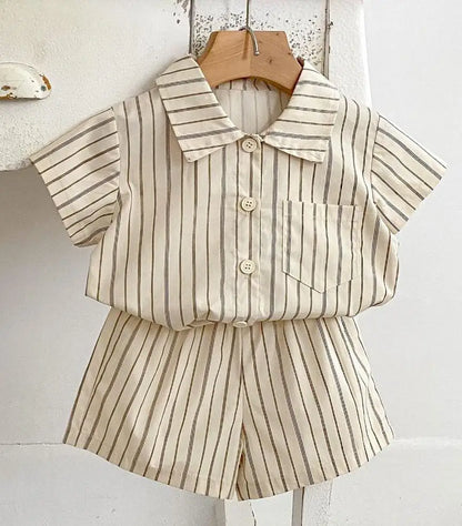 Boy Girl Children Striped Shirt Set Baby Fashion Short Sleeve Lapel Tops+Shorts