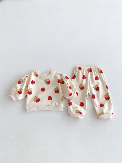 Baby Long Sleeve Set Infant Girl Cute Strawberry Bear Print Sweatshirt + Pants