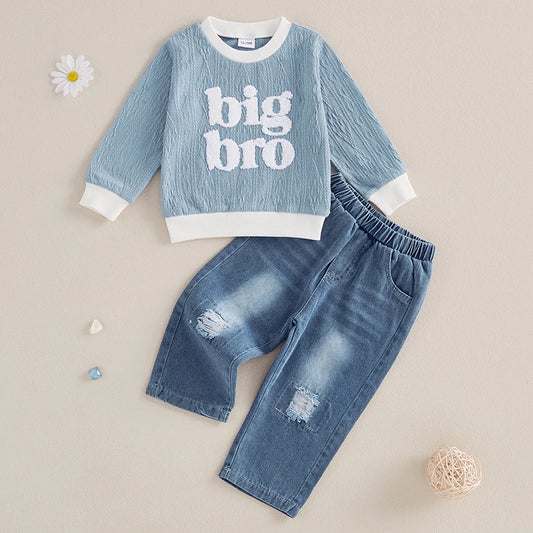 Boys 2PCS full Sleeve Letter Embroidery Top with Ripped Denim Pants