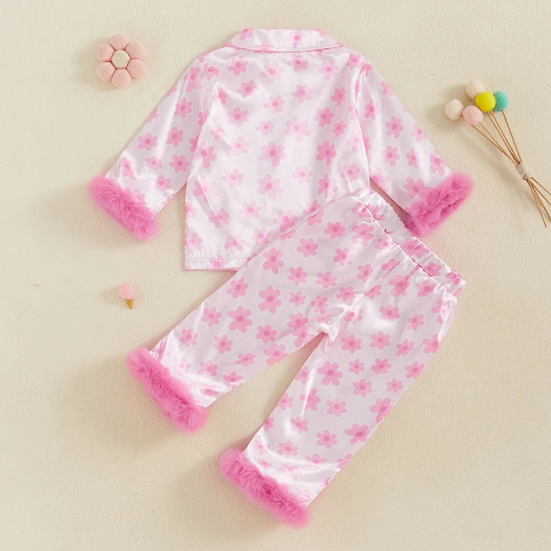 Girl Floral Print Laple Plush Trim Long Sleeve Tops with Elastic Pants Sleepwear