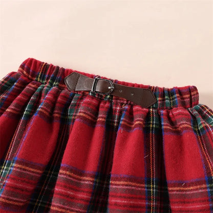 Little Girl Christmas Solid Color Ribbed Mock Neck Tops Plaid Elastic Waist A-Line Skirt