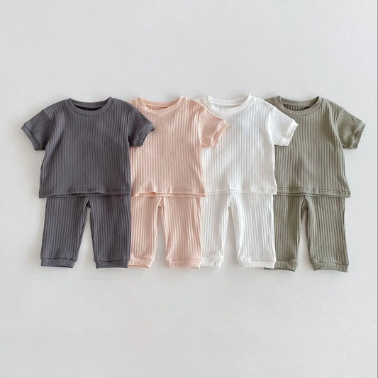 Boy Girl Children Solid Ribbed Short Sleeve Tops+Pants Pyjamas Set