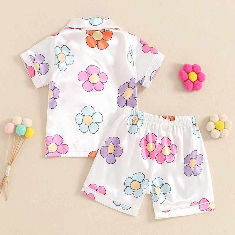 Little Girls Floral Print Pajama Set Single Breasted Tops Elastic Waistband Shorts Outfits