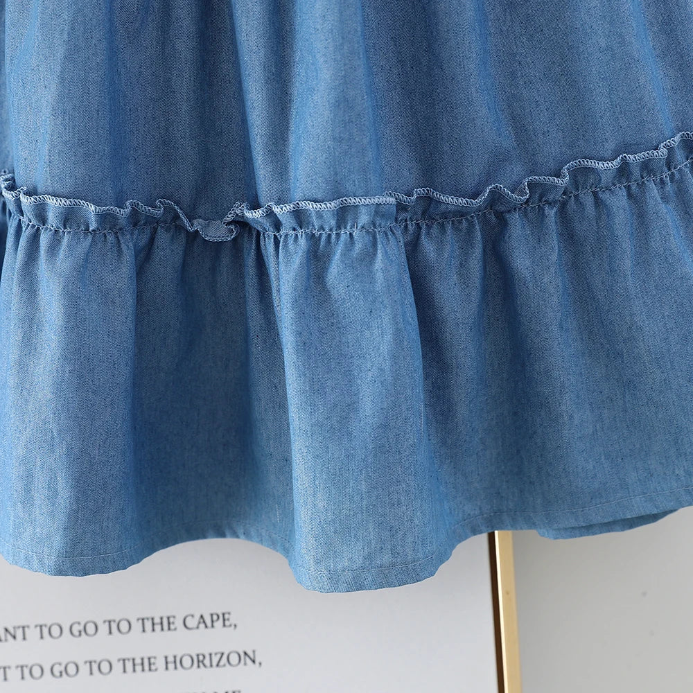 Girls Dress Flying Sleeve Pure Blue Tiered Dress