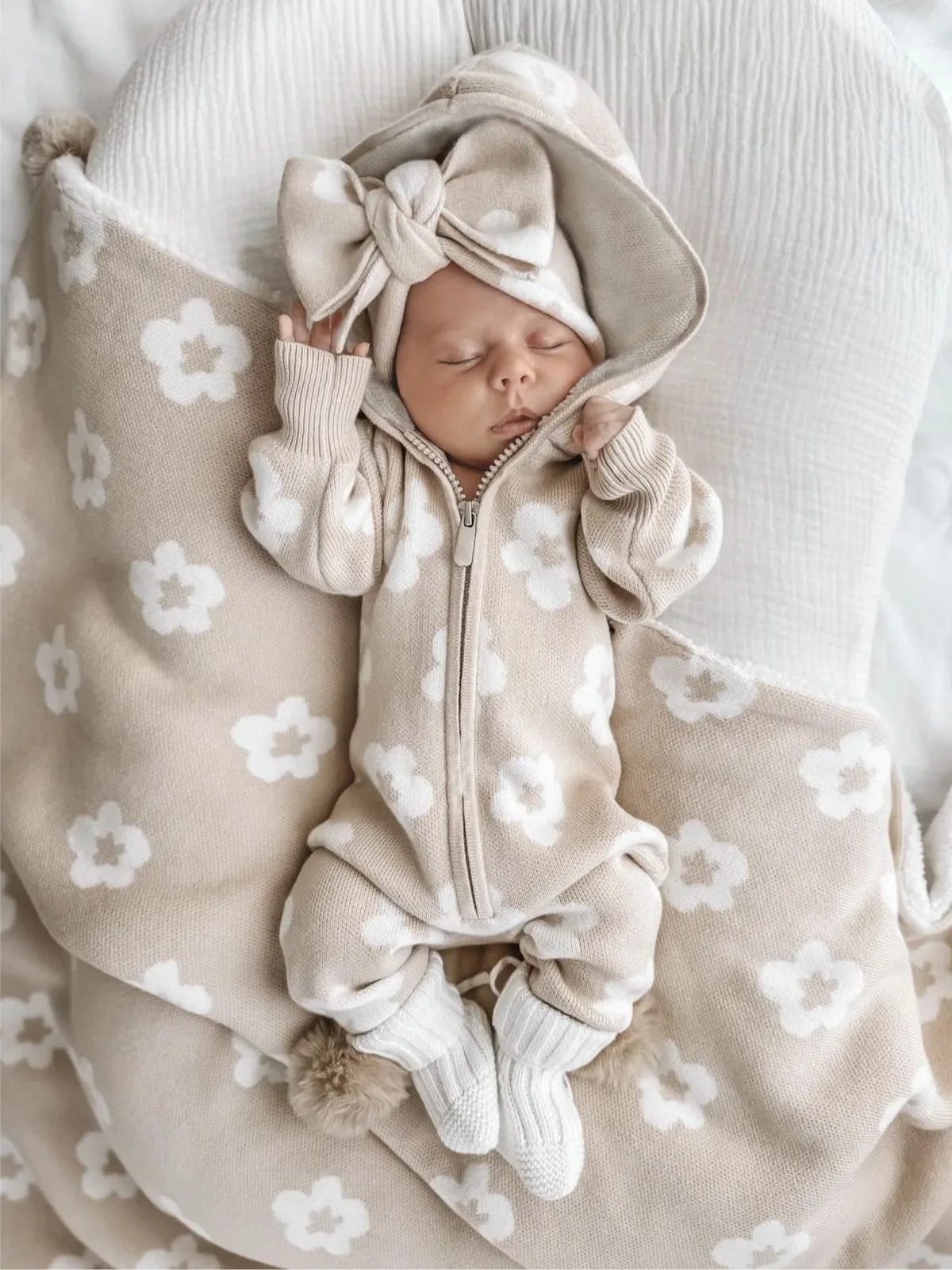 Baby Long Sleeve Knit Romper Newborn Flower Print Sweater Hoodie Jumpsuit