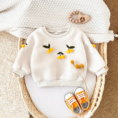 Fashion Baby Girl Thick Lamb Wool Fabric Embroidery Infant Baby Pullover top Outwear