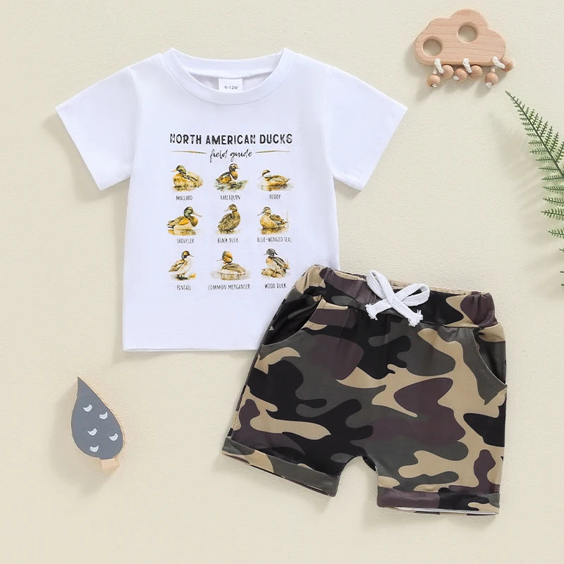 Little Boy 2 Piece Summer Outfit, Letter Duck Print Short Sleeve Tops Elastic Waist