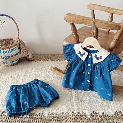 Girl Baby Embroidery Flower Lapel Puff Sleeve Tops+ Shorts 2pcs