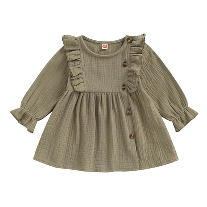 Baby Girl Dress, Crew Neck Buttons Solid Color Ruffled A-line Dress