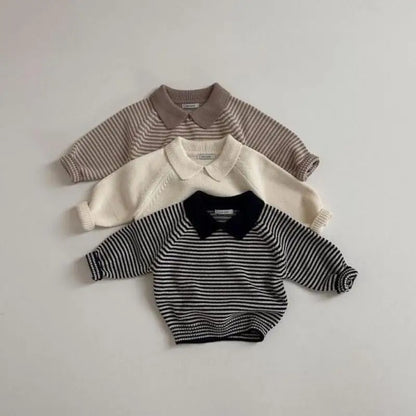 Children Long Sleeve Knit Sweater Kids Boys Girls Vintage Striped Lapel Sweater