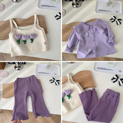 Girls' Autumn New Polo Collar Applique Shirt+Tank Top+Pants