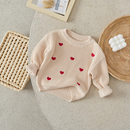 Baby Girl Boy Knitted Long Sleeve Heart Embroidery Loose Pullover Toddler Jumper