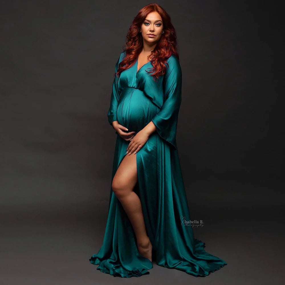 Maternity Photography Gown Elegant Soft Satin Chiffon Long Sleeved Dress Pregnancy Dress