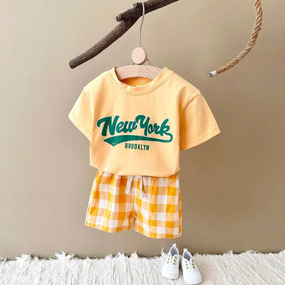 Newborn Baby Boys/Girls Clothing Set New York Print T-shirt+Checkered Shorts