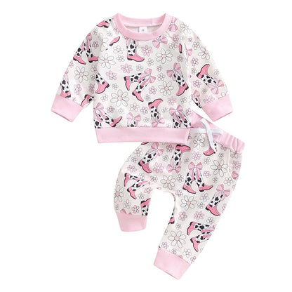 Baby Girls 2Pcs Fall Outfit, Flower Boots Print Sweatshirt with Elastic Waist Sweatpants