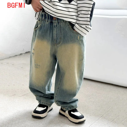 Boys Hole Letter Straight Leg Pants Teenager Jeans