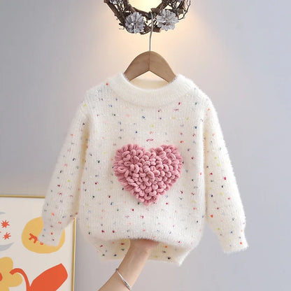 Love Heart O-Neck Pullovers Loose Colorful Spot Sweater Top New Girl Clothes