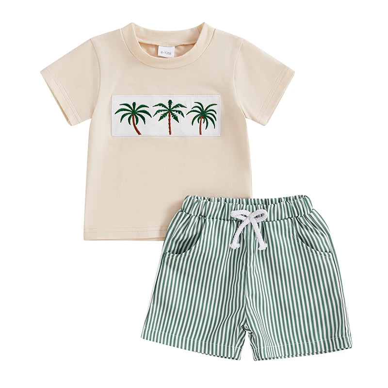 Baby Toddler Boy Shorts Set Coconut Tree/Duck Sleeve Striped Elastic  2Pcs Summer