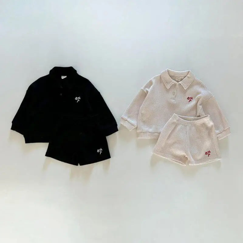 Children Boys/ Girls  Letter Turn-down Collar Sweatshirts Casual Simple Tops+ Shorts