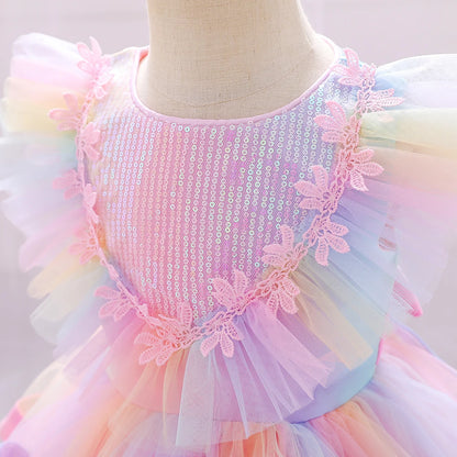 Girls Flower Dress Rainbow Mermaid Birthday Princess Party Wedding